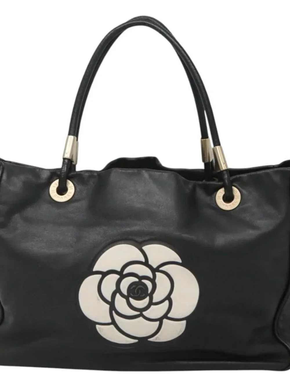 CHANEL Camelia Tote Bag Lamb Skin Black CC Auth BA841
